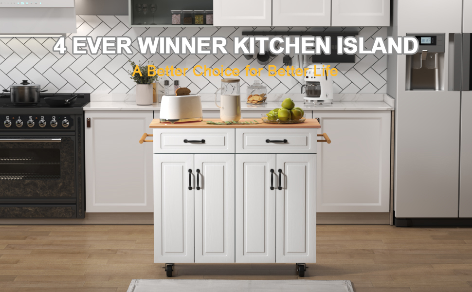 4 EVER WINNER White Kitchen Island with Storage on Wheels,Rolling Kitchen Island Cart with 2 Drawers& 4 Storage Cabinets,Wooden Countertop,Towel Racks,Adjustable Shelves 4 EVER WINNER White Kitchen Island with Storage on Wheels,Rolling Kitchen Island Cart with 2 Drawers& 4 Storage Cabinets,Wooden Countertop,Towel Racks,Adjustable Shelves