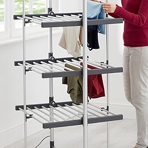 BLACK+DECKER 63099 3-Tier Heated Clothes Airer Aluminium,Cool Grey,140cm x 73cm x 68cm