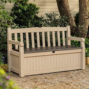 Keter Eden Bench 265L Outdoor 60% recycled Garden Furniture Storage Box Beige & Brown Wood Panel Effect | Fade Free | All Weather Resistant | Safe and Secure | Zero Maintenance | 2 year Warranty