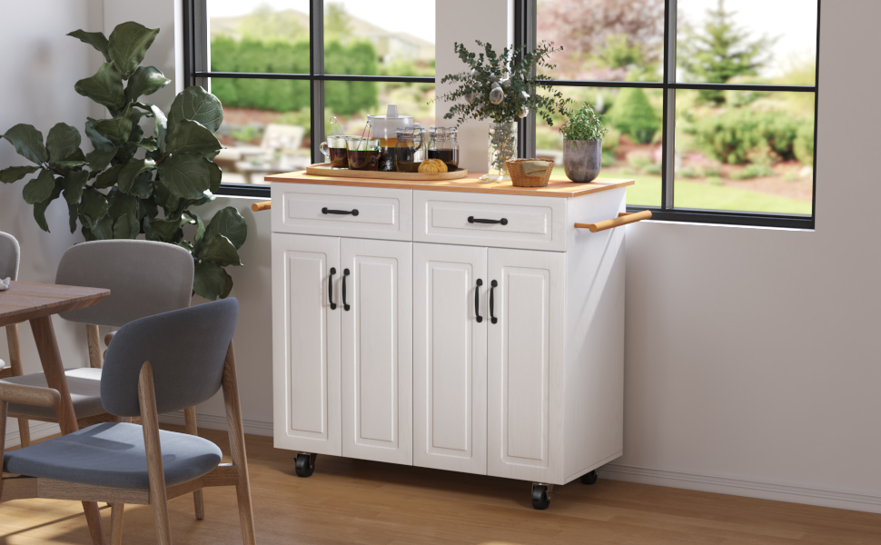 4 EVER WINNER White Kitchen Island with Storage on Wheels,Rolling Kitchen Island Cart with 2 Drawers& 4 Storage Cabinets,Wooden Countertop,Towel Racks,Adjustable Shelves 4 EVER WINNER White Kitchen Island with Storage on Wheels,Rolling Kitchen Island Cart with 2 Drawers& 4 Storage Cabinets,Wooden Countertop,Towel Racks,Adjustable Shelves