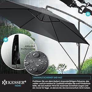 KESSER? Aluminium Cantilever Parasol + Cover Diameter 350 cm and Crank Device Crank Umbrella with Stand UV Protection Aluminium Water-Repellent Canopy 360?? Function Garden Umbrella Market Umbrella
