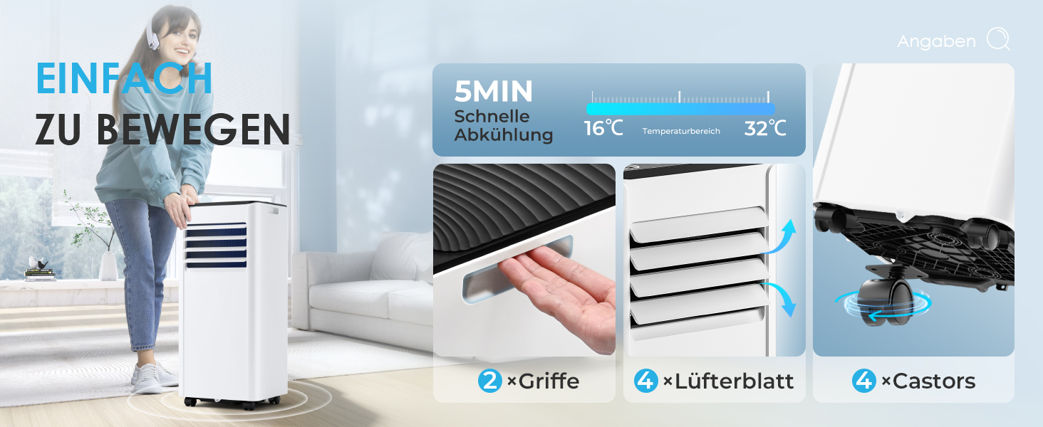 Mobile Air Conditioner with Exhaust Hose 7000 BTU 4-in-1 Mobile Air Conditioner Quiet Operation Digital Display + Remote Control Window Installation Set 24 Hour Timer for Rooms up to 20 m2