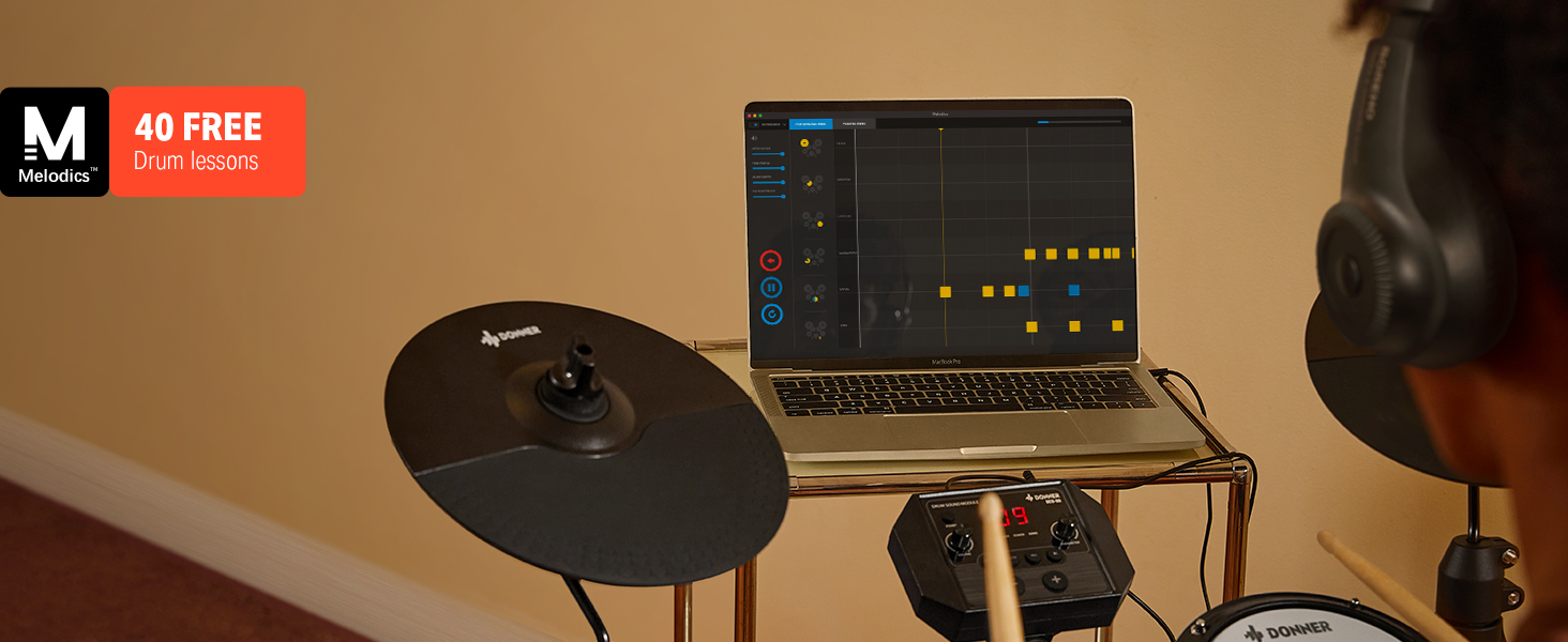 Donner DED-80 Electronic Drum Set,Electric Drum Set for Beginner with 4 Quiet Mesh Drum Pads,2 Switch Pedal,180+ Sounds,Throne,On-Ear Headphones,Sticks,and Melodics Lessons Included. Donner DED-80 Electronic Drum Set,Electric Drum Set for Beginner with 4 Quiet Mesh Drum Pads,2 Switch Pedal,180+ Sounds,Throne,On-Ear Headphones,Sticks,and Melodics Lessons Included.