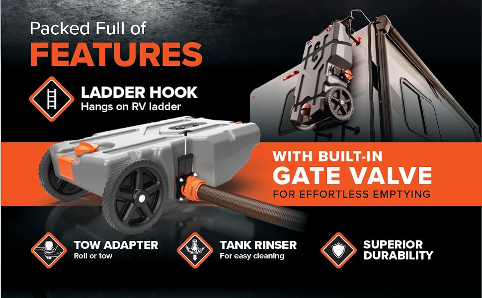 36-Gallon Portable Camper / RV Tote Tank - Features Large Heavy-Duty No-Flat Wheels & Built-In Gate Valve - Removable Steel Tow Adapter,3??RV Sewer Hose & More RV Accessories (39006)