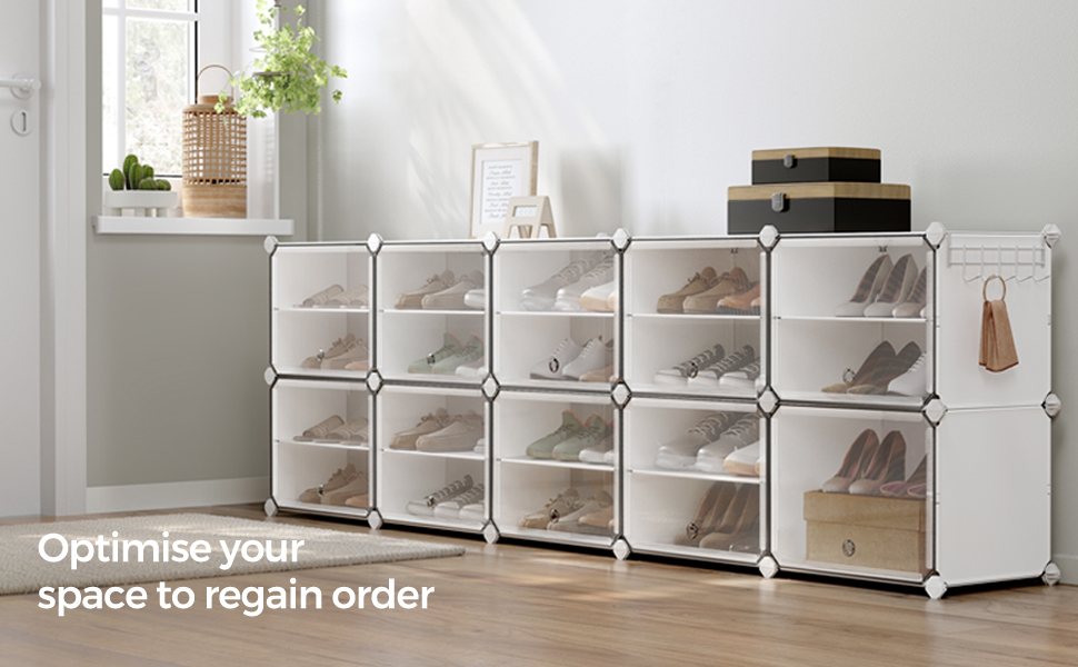 SONGMICS Shoe Rack with 10 Compartments,Shoe Cabinet,30 x 40 x 30 cm per Compartment,Narrow,with Doors,Steel Frame,Plastic,for Hallway,Bedroom,Entryway,White LPC035W01