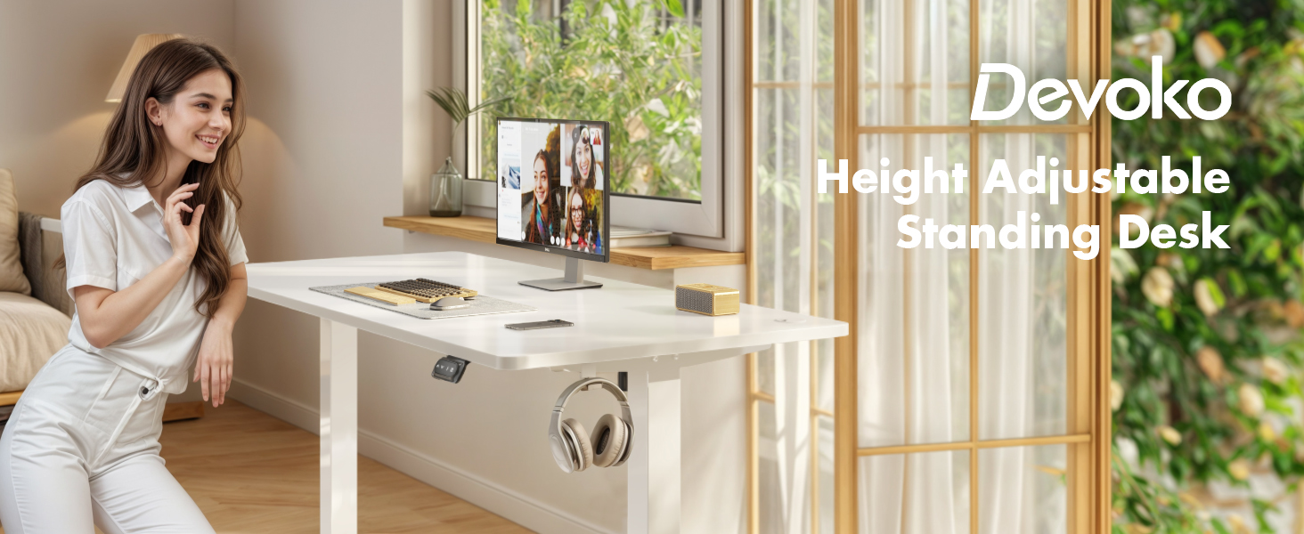 Devoko Electric Standing Desk 120x60cm Sit Stand Height Adjustable Desk with Steel Table Frame Backpack Hook and Memory Smart Pannel,White