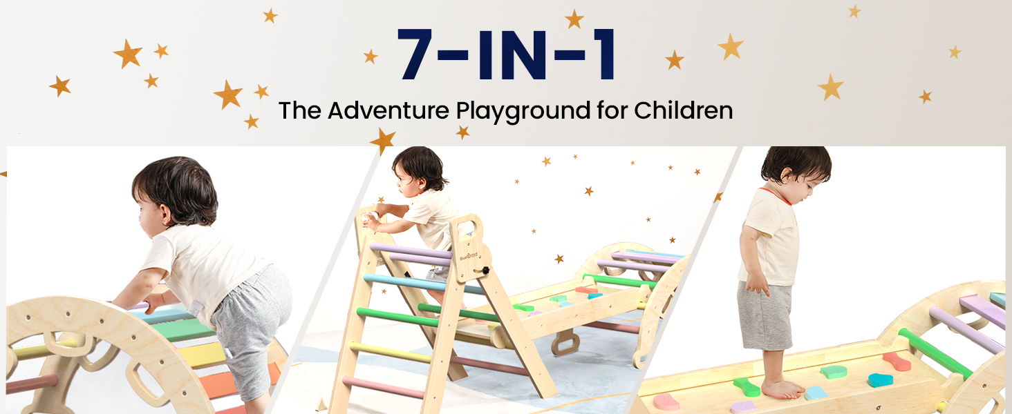 Pikler Triangle Set 7in1 Foldable Baby Climbing Toys Wooden Montessori Climbing Set with Arch&Ramp&Ladder Baby Climber Indoor Jungle Gyms for Toddlers Montessori Toys - Rainbow