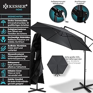 KESSER? Aluminium Cantilever Parasol + Cover Diameter 350 cm and Crank Device Crank Umbrella with Stand UV Protection Aluminium Water-Repellent Canopy 360?? Function Garden Umbrella Market Umbrella