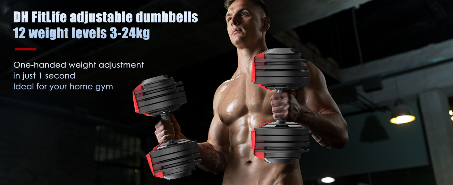 DH FitLife 24 kg Adjustable Dumbbells from 3 to 24 kg with 12 Weight Levels,Short Dumbbell Set with Weight Discs,Adjustable Short Dumbbells,Variable Weights 12 in 1 DH FitLife 24 kg Adjustable Dumbbells from 3 to 24 kg with 12 Weight Levels,Short Dumbbell Set with Weight Discs,Adjustable Short Dumbbells,Variable Weights 12 in 1