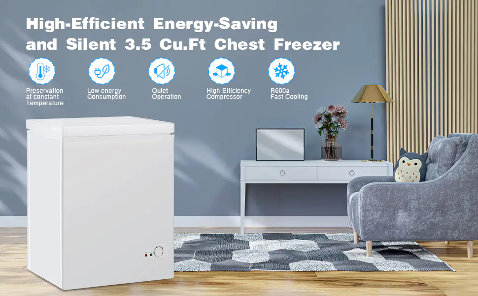 3.5 Cu.Ft Chest Freezer with a Removable Basket 7 Gears Adjustable Temperature Control(-18??F to -46??F),Deep Compact Freezer for Garage,Office,Basement,House,Kitchen,Shop,RVs-White