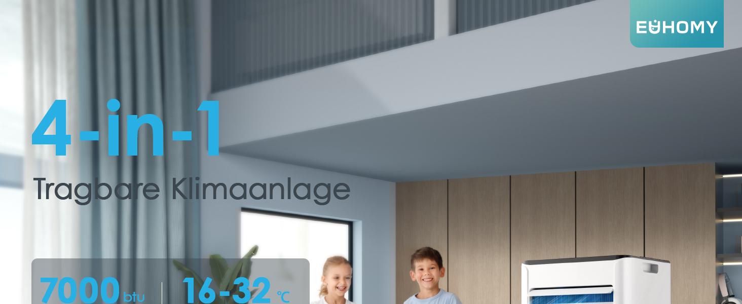 Mobile Air Conditioner with Exhaust Hose 7000 BTU 4-in-1 Mobile Air Conditioner Quiet Operation Digital Display + Remote Control Window Installation Set 24 Hour Timer for Rooms up to 20 m2