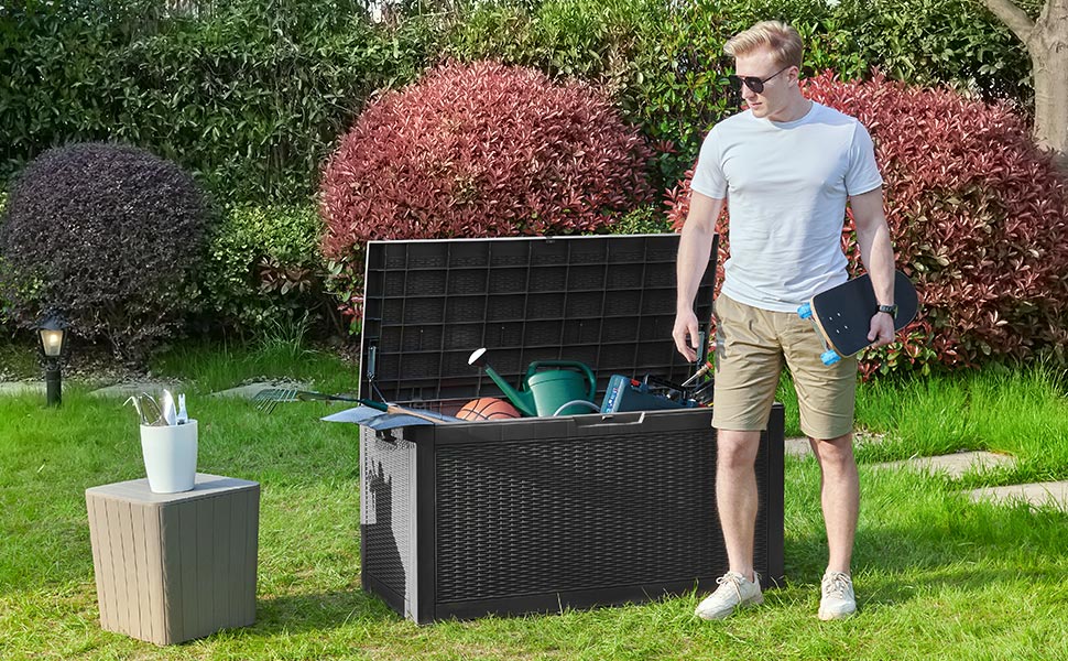 YITAHOME Garden Storage Box Waterproof,380L Large Outdoor Storage Box with Lid,Lockable Patio Deck Boxes with Handles for Garden Tools Cushion Pillows Pool Supplies,120 x 53 x 63cm,Black