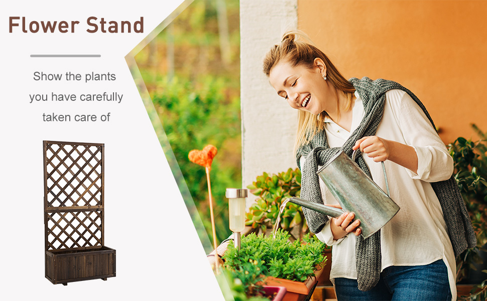 Outsunny 72.5 x 31.5 x 149.5 cm 45L Garden Wooden Pine Trough Planter with Topped Trellis Climbing Plants Flower Raised Bed,Carbonised Finish