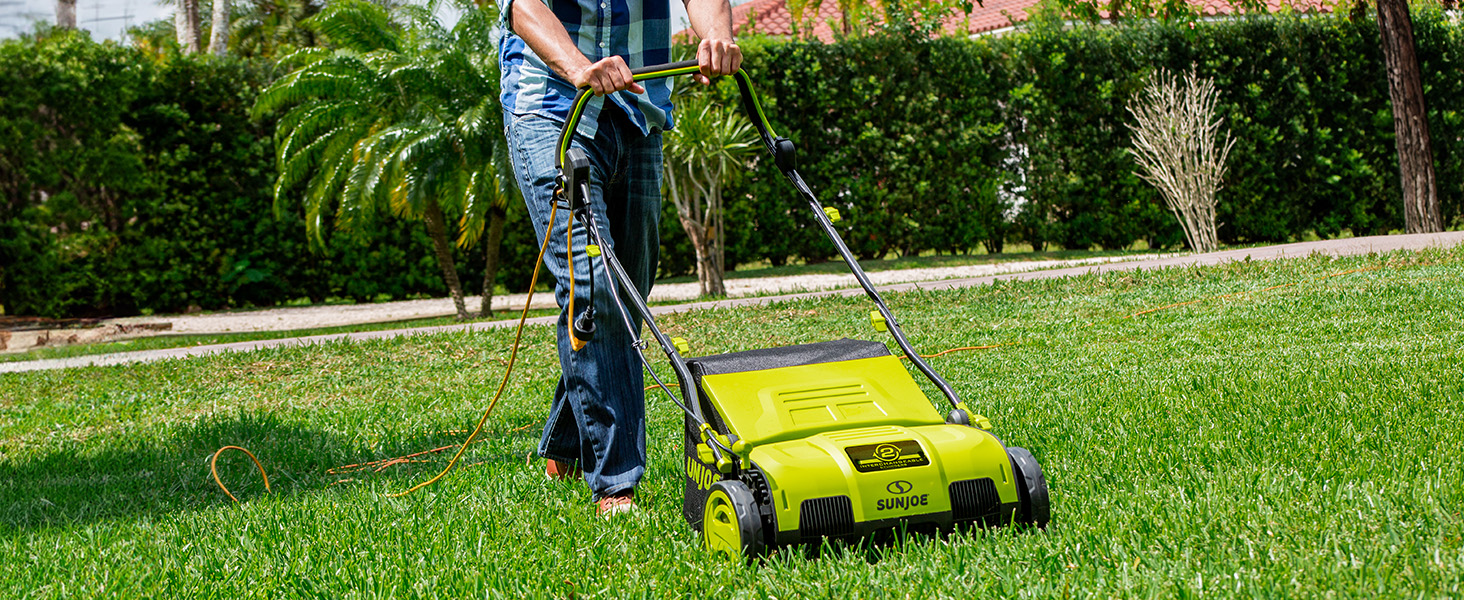 AJ805E 15-Inch 13-Amp Electric Dethatcher and Scarifier w/Removeable 13.2-Gal Collection Bag,5-Position Height Adjustment,Airboost Technology Increases Lawn Health,Green