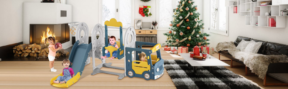 BIERUM 5 in 1 Toddler Slide and Swing Set for Toddlers Age 1-3