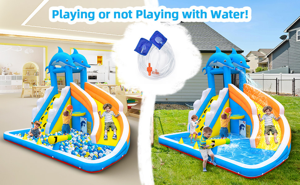 Water Slide,5 in 1 Dolphin Inflatable Bounce House for Kids- Climbing Wall Splash Pool Water Cannon Basketball Rim - 480W Blower - for Indoor Outdoor Backyard Birthday Party
