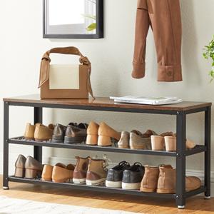 VASAGLE Shoe Bench,Shoe Rack with 2 Shelves,Shoe Organiser,100 x 30 x 45 cm,Entryway Living Room Hallway,Steel Structure,Industrial Style,Rustic Brown and Black LBS078B01