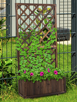 Outsunny 72.5 x 31.5 x 149.5 cm 45L Garden Wooden Pine Trough Planter with Topped Trellis Climbing Plants Flower Raised Bed,Carbonised Finish