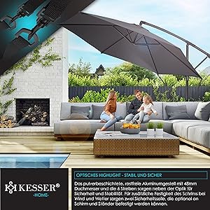 KESSER? Aluminium Cantilever Parasol + Cover Diameter 350 cm and Crank Device Crank Umbrella with Stand UV Protection Aluminium Water-Repellent Canopy 360?? Function Garden Umbrella Market Umbrella