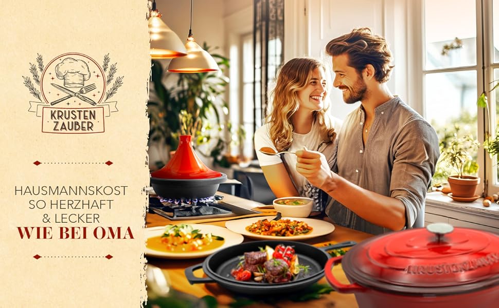 KRUSTENZAUBER Cast Iron Pot [Includes Meat Fork] - Robust 26 cm Cast Iron Roasting Dish with Lid Oven Safe - Ideal as a Dutch Oven Induction Dutch Oven Set,Kazan,Cast Iron Pot,Cooking Pot