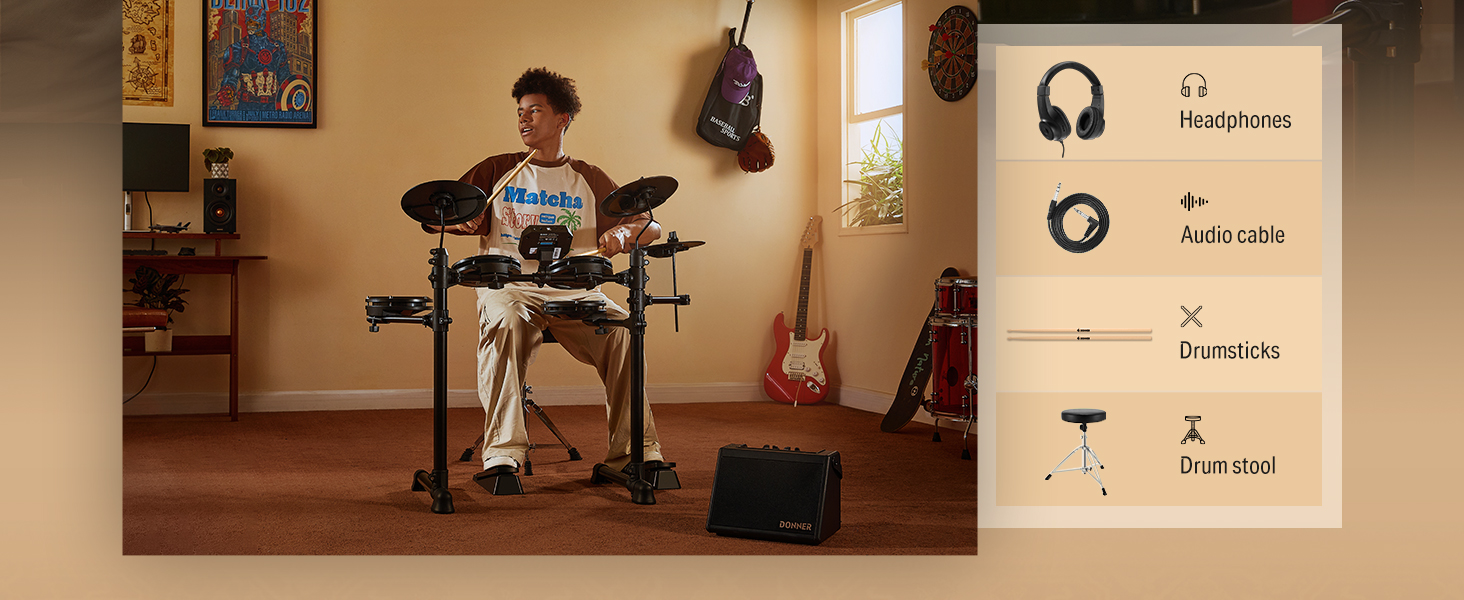 Donner DED-80 Electronic Drum Set,Electric Drum Set for Beginner with 4 Quiet Mesh Drum Pads,2 Switch Pedal,180+ Sounds,Throne,On-Ear Headphones,Sticks,and Melodics Lessons Included. Donner DED-80 Electronic Drum Set,Electric Drum Set for Beginner with 4 Quiet Mesh Drum Pads,2 Switch Pedal,180+ Sounds,Throne,On-Ear Headphones,Sticks,and Melodics Lessons Included.