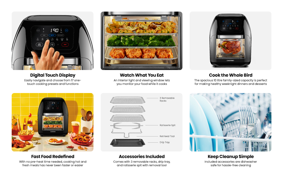 CHEFMAN Multifunctional Digital Air Fryer+ Rotisserie,Dehydrator,Convection Oven,17 Presets Fry,Roast,Dehydrate,Bake,XL 10L Family Size,1800W,Auto Shutoff,Large Easy-View Window,Black