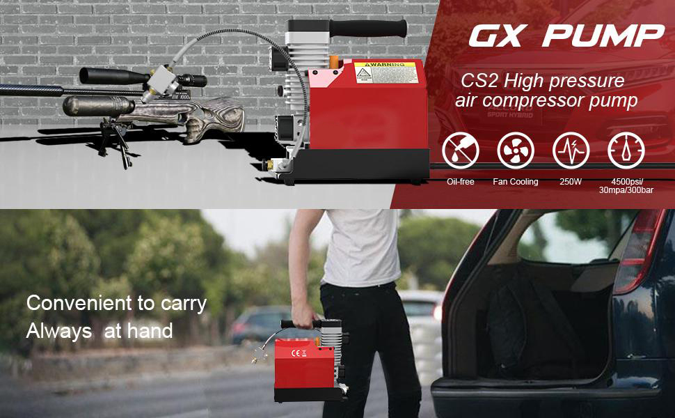 CS2 Portable PCP Air Compressor,4500Psi/30Mpa,Oil-Free,Powered by Car 12V DC or Home 110V AC with Adapter (Included),Paintball Tank Compressor with Extra Moisture-Oil Separator