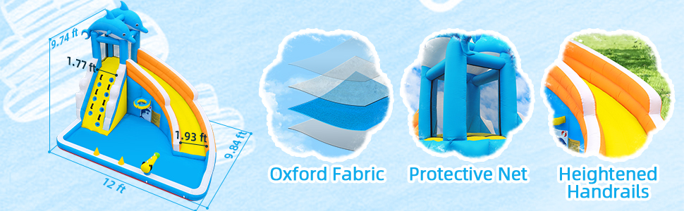 Water Slide,5 in 1 Dolphin Inflatable Bounce House for Kids- Climbing Wall Splash Pool Water Cannon Basketball Rim - 480W Blower - for Indoor Outdoor Backyard Birthday Party