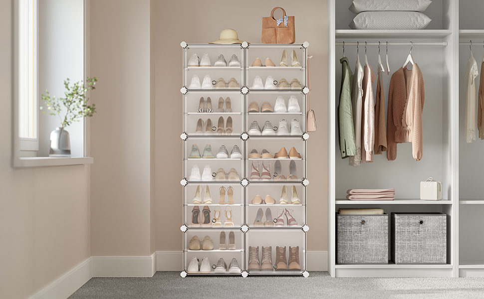 SONGMICS Shoe Rack with 10 Compartments,Shoe Cabinet,30 x 40 x 30 cm per Compartment,Narrow,with Doors,Steel Frame,Plastic,for Hallway,Bedroom,Entryway,White LPC035W01