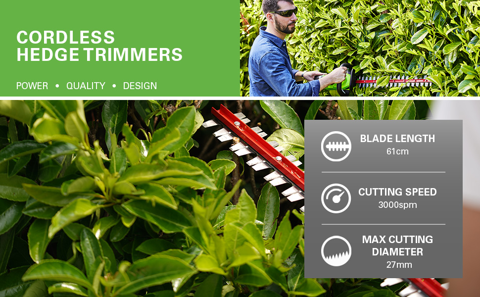 Greenworks G40HT61K2 Cordless Hedge Trimmer,61cm Dual Action Blades,Cuts up to 27mm Thick Branches and Stems,3000spm,40V 2Ah Battery & Charger,3 Year Guarantee