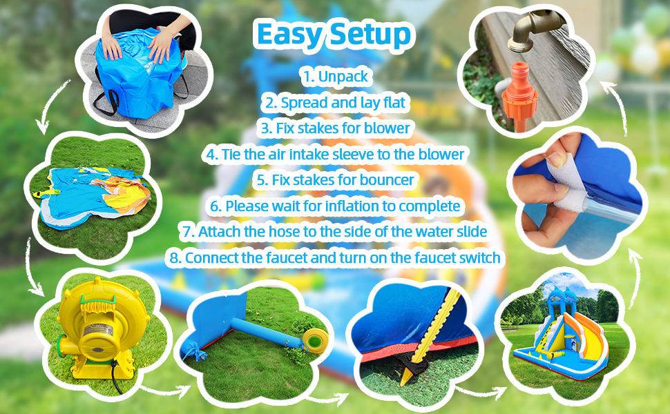 Water Slide,5 in 1 Dolphin Inflatable Bounce House for Kids- Climbing Wall Splash Pool Water Cannon Basketball Rim - 480W Blower - for Indoor Outdoor Backyard Birthday Party