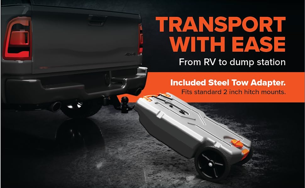 36-Gallon Portable Camper / RV Tote Tank - Features Large Heavy-Duty No-Flat Wheels & Built-In Gate Valve - Removable Steel Tow Adapter,3??RV Sewer Hose & More RV Accessories (39006)