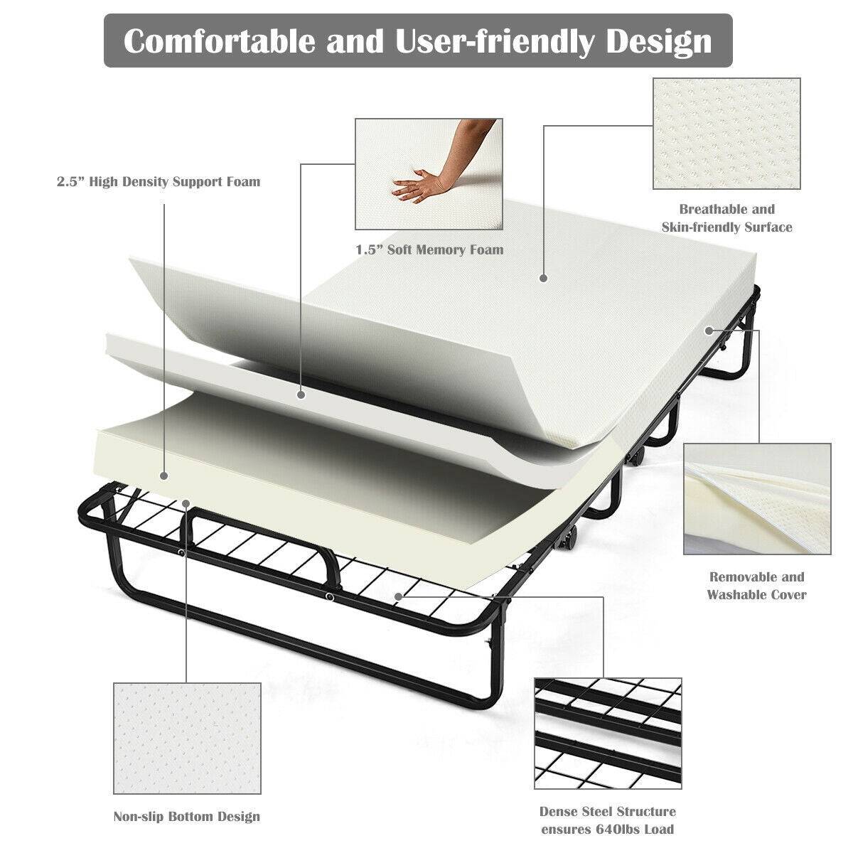 BEST Heavy Duty 640LBS Rollaway Folding Bed With Memory Foam Mattress
