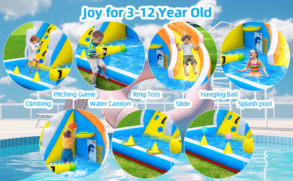 Water Slide,5 in 1 Dolphin Inflatable Bounce House for Kids- Climbing Wall Splash Pool Water Cannon Basketball Rim - 480W Blower - for Indoor Outdoor Backyard Birthday Party