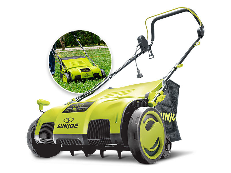 AJ805E 15-Inch 13-Amp Electric Dethatcher and Scarifier w/Removeable 13.2-Gal Collection Bag,5-Position Height Adjustment,Airboost Technology Increases Lawn Health,Green