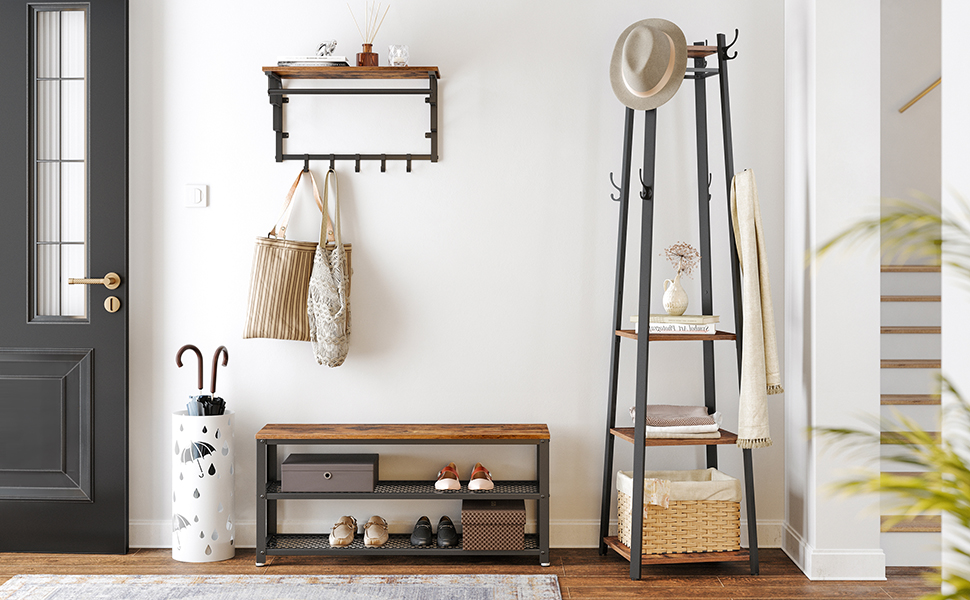 VASAGLE Shoe Bench,Shoe Rack with 2 Shelves,Shoe Organiser,100 x 30 x 45 cm,Entryway Living Room Hallway,Steel Structure,Industrial Style,Rustic Brown and Black LBS078B01