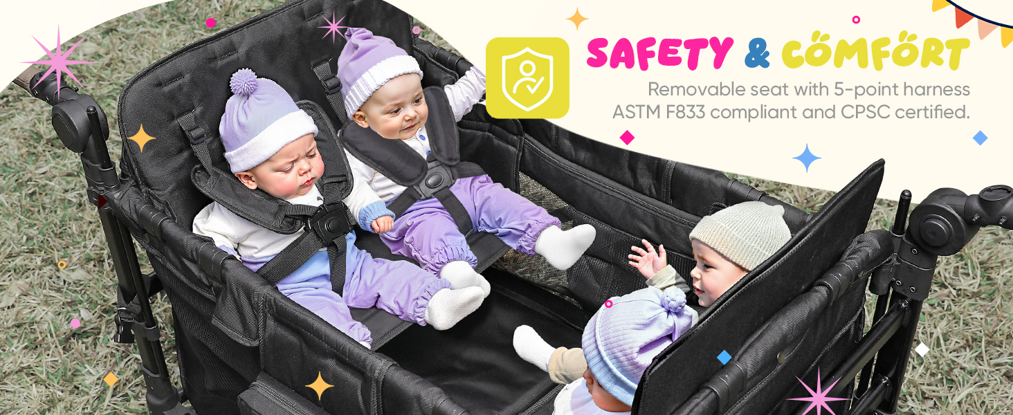 4 Seater Wagon Stroller,Foldable All-Terrain Quad Wagon Stroller with Canopy,Detachable Tray,Adjustable Handle,High Seat & Large Storage,Black 4 Seater Wagon Stroller,Foldable All-Terrain Quad Wagon Stroller with Canopy,Detachable Tray,Adjustable Handle,High Seat & Large Storage,Black