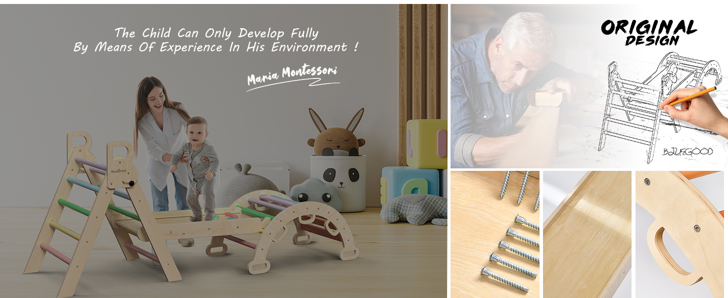 Pikler Triangle Set 7in1 Foldable Baby Climbing Toys Wooden Montessori Climbing Set with Arch&Ramp&Ladder Baby Climber Indoor Jungle Gyms for Toddlers Montessori Toys - Rainbow