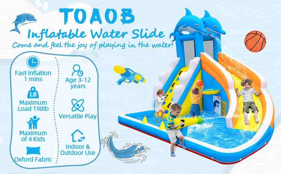 Water Slide,5 in 1 Dolphin Inflatable Bounce House for Kids- Climbing Wall Splash Pool Water Cannon Basketball Rim - 480W Blower - for Indoor Outdoor Backyard Birthday Party