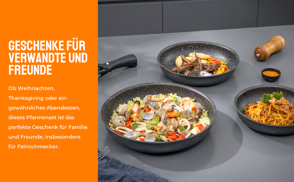 Fadware 4-Piece Frying Pan Set 20 + 24 + 28 cm Frying Pan Set with Removable Handle for All Hobs Including Induction Non-Stick Coating Oven Safe Easy Cleaning Black