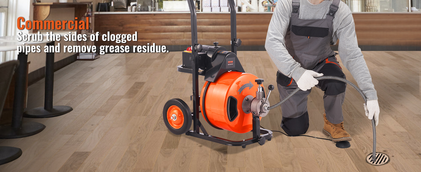 Drain Cleaner Machine 100FT x 1/2Inch,Auto Feed Sewer Snake Auger with 4 Cutter & Air-activated Foot Switch for 1