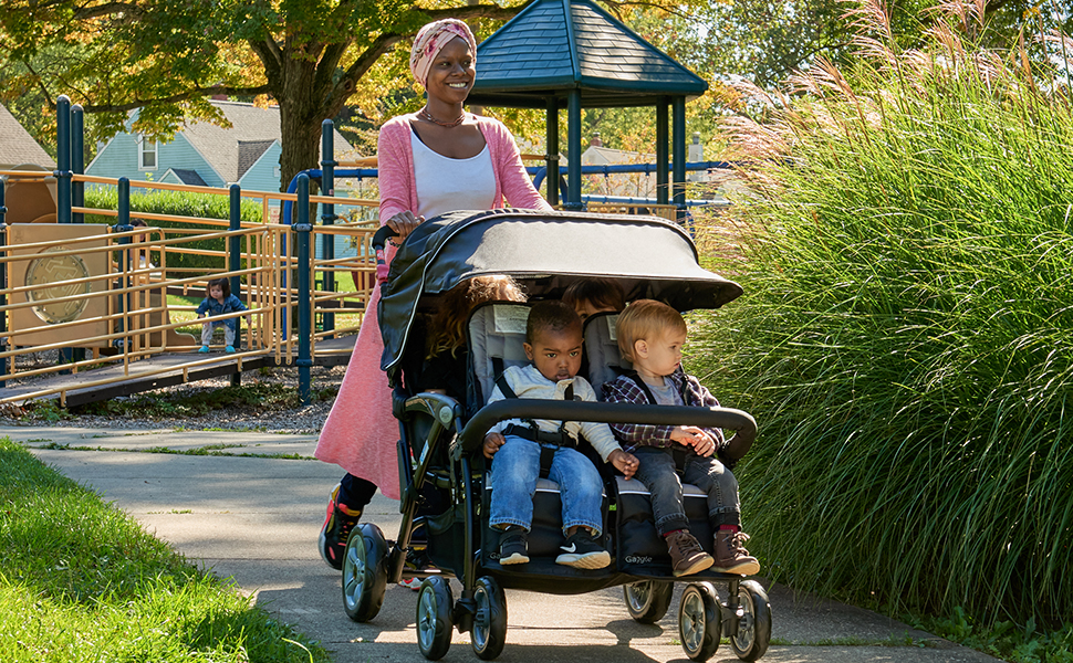 Gaggle by Foundations Compass Quad 4 Seat Stroller | 4-Seat Stroller for Daycare | Oversized UV Blocking Canopy | 5-Point Harness | Easy Loading | Storage Bucket | Teal