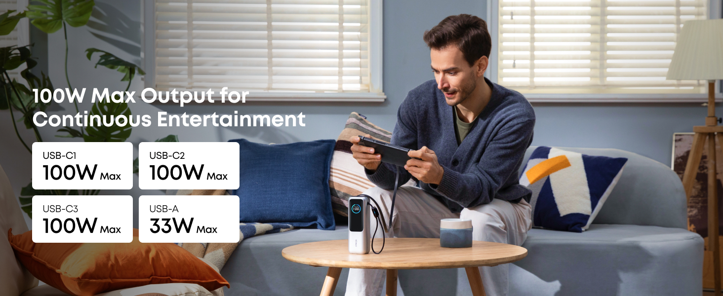 Anker Laptop Power Bank,25,000mAh Portable Charger with Triple 100W USB-C Ports for Multi-Device Charging,Built-In and Retractable Cables,For iPhone 16/15 Series,Samsung,and More