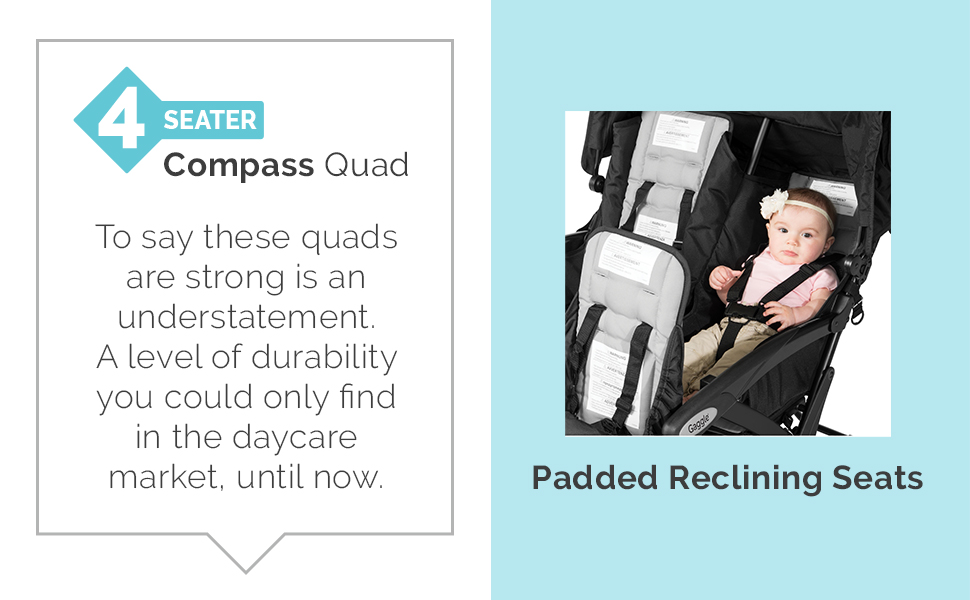 Gaggle by Foundations Compass Quad 4 Seat Stroller | 4-Seat Stroller for Daycare | Oversized UV Blocking Canopy | 5-Point Harness | Easy Loading | Storage Bucket | Teal