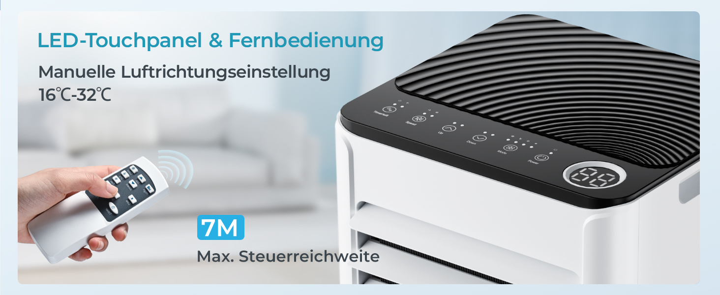 Mobile Air Conditioner with Exhaust Hose 7000 BTU 4-in-1 Mobile Air Conditioner Quiet Operation Digital Display + Remote Control Window Installation Set 24 Hour Timer for Rooms up to 20 m2