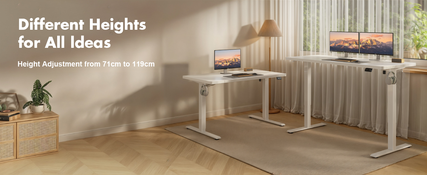 Devoko Electric Standing Desk 120x60cm Sit Stand Height Adjustable Desk with Steel Table Frame Backpack Hook and Memory Smart Pannel,White