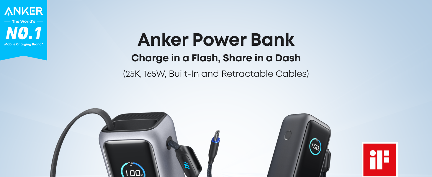 Anker Laptop Power Bank,25,000mAh Portable Charger with Triple 100W USB-C Ports for Multi-Device Charging,Built-In and Retractable Cables,For iPhone 16/15 Series,Samsung,and More