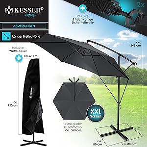KESSER? Aluminium Cantilever Parasol + Cover Diameter 350 cm and Crank Device Crank Umbrella with Stand UV Protection Aluminium Water-Repellent Canopy 360?? Function Garden Umbrella Market Umbrella