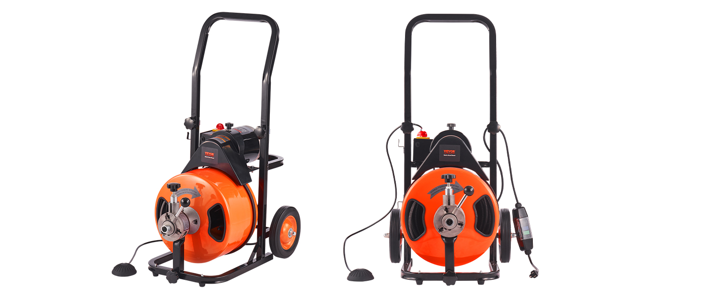 Drain Cleaner Machine 100FT x 1/2Inch,Auto Feed Sewer Snake Auger with 4 Cutter & Air-activated Foot Switch for 1