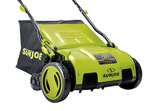 AJ805E 15-Inch 13-Amp Electric Dethatcher and Scarifier w/Removeable 13.2-Gal Collection Bag,5-Position Height Adjustment,Airboost Technology Increases Lawn Health,Green